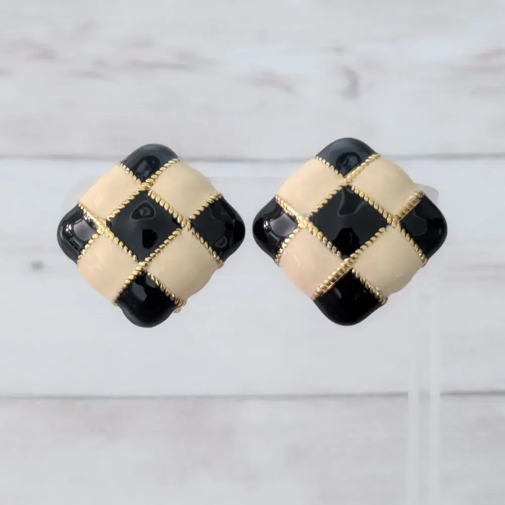 Vintage Clip On Earrings Black & Cream Checkerboard Enamel Statement